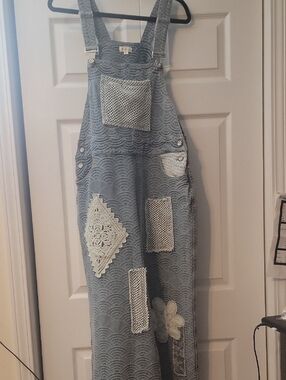 POL Blue Denim Wide-Leg Overalls with White Crochet Patches